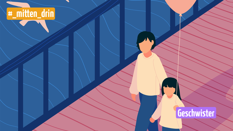 Ein großer und ein kleiner Mensch gehen am Wasser spazieren. Der kleine Mensch hat einen Ballon. Darüber fliegen Möwen. Oben links der Schriftzug #_mitten_drin. Unten rechts der Schriftzug Geschwister.
