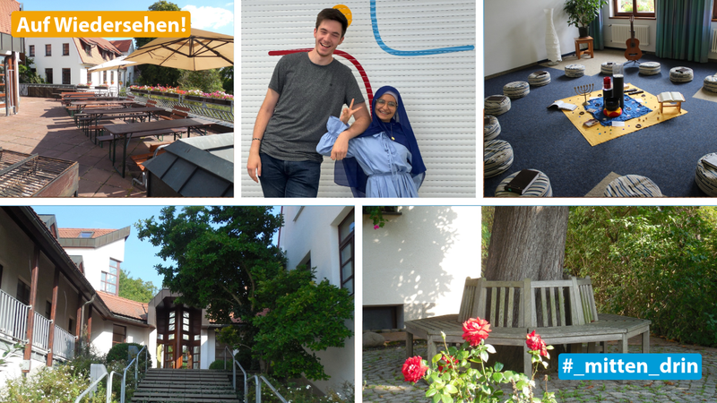 Fotokollage mit Bildern vom Jugendhaus Roßbach - ein Blick auf die Terasse, ein Gruppenraum und eine Bank an einem Baum und einem Bild mit zwei lachenden Menschen