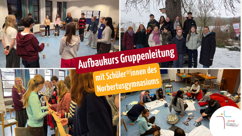 Bildcollage aus vier Bildern. Man sieht die Jugendlichen beim Arbeiten an -auf dem Boden liegenden Flipcharts, beim Bau einer mobilen Murmelbahn, bei einer Gruppenmethode und einem Gruppenbild im Schnee.