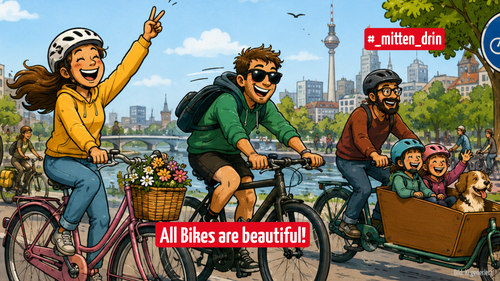 Illustration mehrerer Menschen auf Fahrrädern in einer Stadt. Eine Familie fährt gemeinsam mit Kindern und Hund in einem Lastenrad, andere Radfahrende sind unterwegs. Im Bild stehen die Texte „All Bikes are beautiful!“ und „#_mitten_drin“.