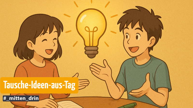 Ein Junge und ein Mädchen sitzen am Tisch und sprechen miteinander. Zwischen ihnen eine Glühbirne als Symbol für Ideen. Das Bild ist im Comicstil gehalten