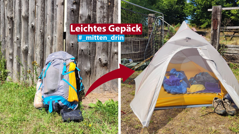 Das Bild ist aufgeteilt. Links ist ein vollgepackter blau-grauer Rucksack zu sehen. Rechts ist ein aufgebautes Zelt auf einer Wiese zu sehen. Der Titel lautet "leichtes Gepäck"