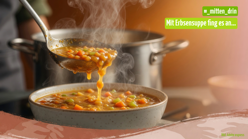 Eine Kelle mit dampfender Erbsensuppe wird aus einem Topf in eine Suppenschale eingefüllt.