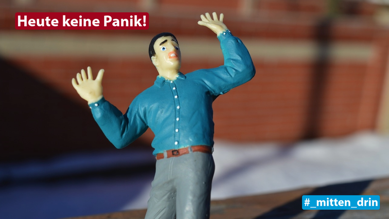 Das Bild zeigt eine Spielzeugfigur mit erschrockenem Gesichtsausdruck und erhobenen Armen. Die Pose wirkt panisch.