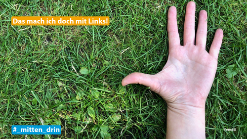 Eine linke Hand ist geöffnet im Vordergrund, im Hintergrund eine grüne Wiese.