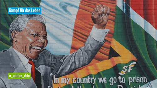 Wandgemälde von Nelson Mandela mit erhobener Faust vor der südafrikanischen Flagge. Dazu stehen die Texte „Kampf für das Leben“, „#_mitten_drin“