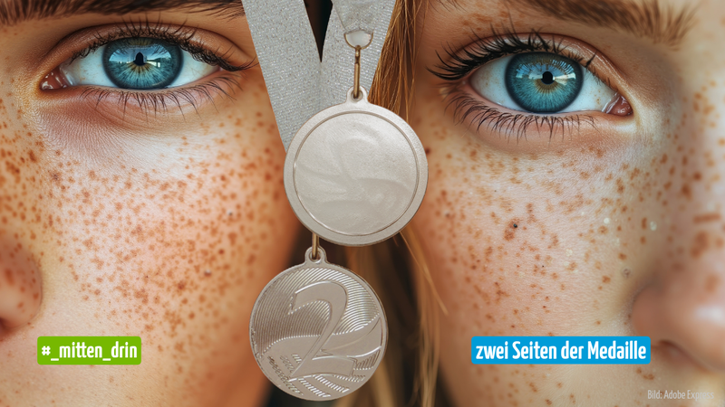 Zwischen einem Gesicht rechts und demselben Gesicht Links hängt eine Silbermedaille. Auf der Vorderseite steht eine zwei und dieselbe Medaille in Rückseite ohne Aufdruck hängt daneben.