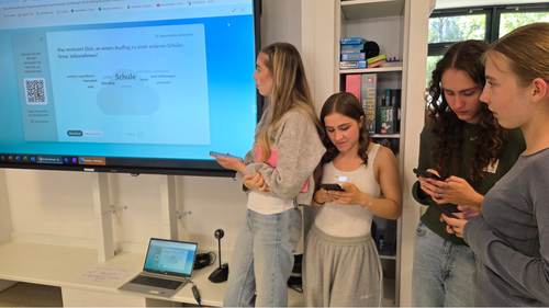 Vier Schülerinnen stehen rechts neben einem großen Bildschirm, auf dem man eine Abfrage zum Thema Schülerfirmen sieht. Jede Schülerin hat ihr Handy in der Hand, um mit abzustimmen.