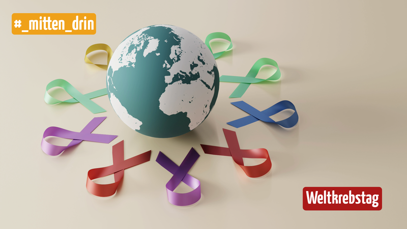Auf dem Bild ist eine Weltkugel zu sehen und drumherum liegen in unterschiedlichen bunten Farben die Awareness-Schleifen. Links oben im Bild steht auf gelben Hintergrund #_mitten_drin und unten rechts im Bild das Wort Weltkrebstag auf rotem Hintergrund
