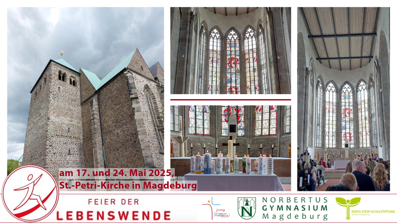 Collage mit Kirche und Innenraum und gestalteten Kerzen, Logos Feier der Lebenswende, Jung im Bistum Magdeburg, Edith-Stein Schulstiftung