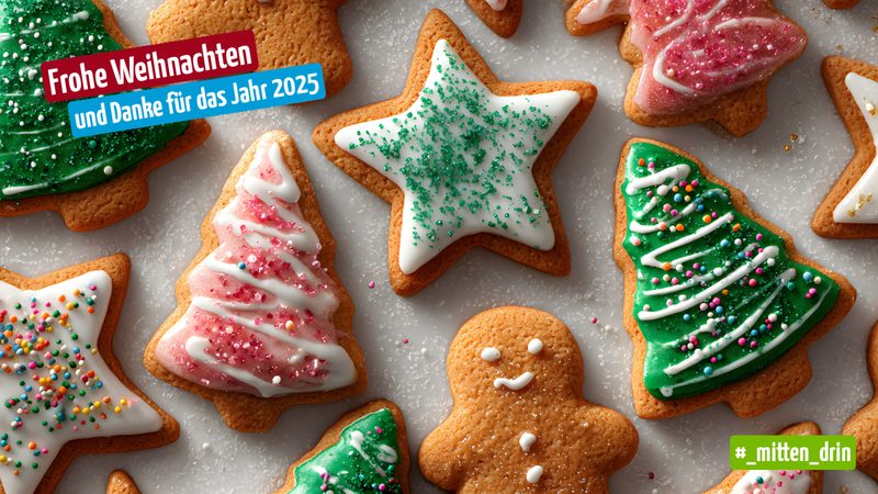 Mehrere weihnachtlich dekorierte Kekse liegen auf hellem Untergrund. Zu sehen sind Sterne, Tannenbäume und ein Lebkuchenmännchen mit Zuckerguss in Grün, Weiß, Rosa und bunten Streuseln. Links oben steht der Schriftzug „Frohe Weihnachten und Danke für das