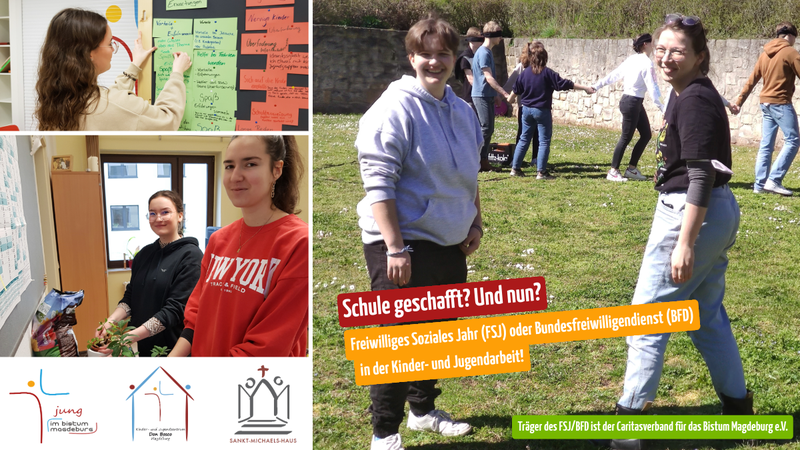 Collage mit Fotos von jungen Menschen in der Kinder- und Jugendarbeit: Sie arbeiten an Moderationswänden, pflegen Pflanzen und nehmen an einer Gruppenaktion im Freien teil. Im Bild wird für ein Freiwilliges Soziales Jahr (FSJ) oder einen Bundesfreiwillige