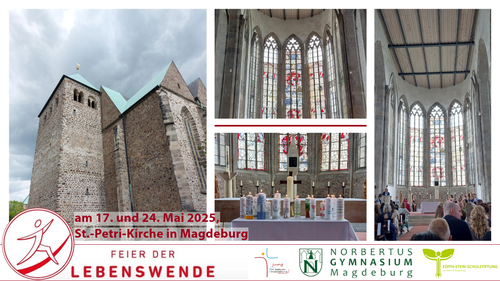 Collage mit Kirche und Innenraum und gestalteten Kerzen, Logos Feier der Lebenswende, Jung im Bistum Magdeburg, Edith-Stein Schulstiftung