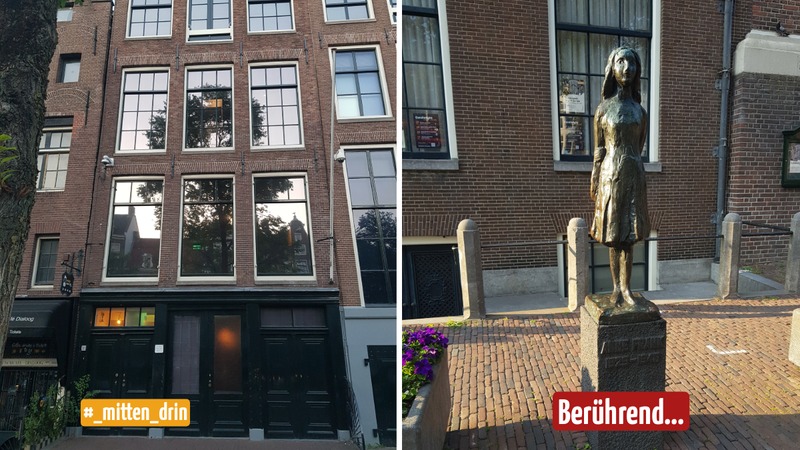 Es ist ein geteiltes Bild. Links die Fassade einen Backsteinhauses mit großen Fenstern und einer Ladenzeile. Rechts ist eine Bronzefigur ener jungen Frau. Auf dem steinernen Sockel steht die Inschrift: "Anne Frank 1929-1945".