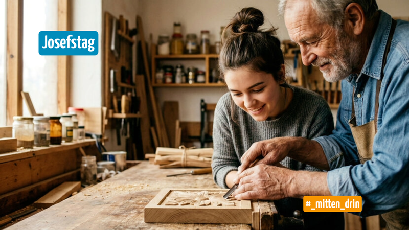 Ein älterer Mann steht mit einer Jugendlichen in einer Holzwerkstatt. An einer Werkbank arbeiten sie mit einem Schnitzmesser an dem Relief einer Blume.