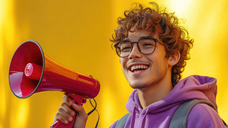 junger Mensch spricht freude stahlend durch ein Megaphone und tut seine Meinung kund
