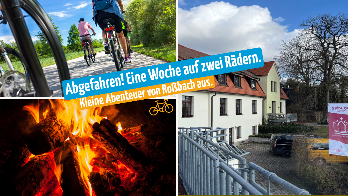 drei Bilder angeordet, unten links ein Bild von brennenden Holzscheiten, oben links mehrere Räder auf der STraße fahrend und auf der rechten Seite das St.Michaelshaus abgebildet