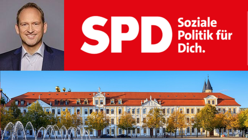 Porträt eines Mannes neben dem SPD-Logo mit dem Schriftzug „Soziale Politik für Dich.“; darunter ein barockes Gebäude mit rotem Dach und Springbrunnen im Vordergrund.