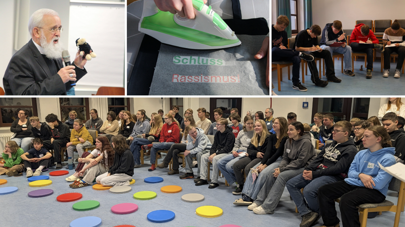 Collage aus mehreren Fotos eines Jugendtreffens: ein Referent mit Mikrofon, eine kreative Aktion gegen Rassismus, Jugendliche bei einer Schreibaufgabe sowie eine große Gruppe in einem Stuhlkreis mit bunten Sitzkissen