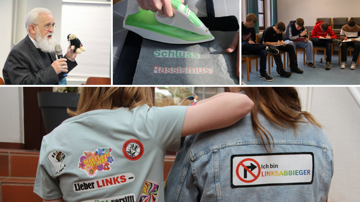 Collage aus Fotos eines Jugendwochenendes: Ein Referent spricht mit Mikrofon, Jugendliche nehmen an Aktionen und Schreibaufgaben teil. Im großen Bild zeigen zwei Jugendliche von hinten Jacken und Shirts mit bunten Aufnähern und Botschaften gegen Rassismus und für Vielfalt.