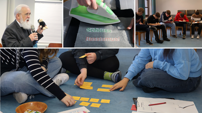 Collage aus Fotos eines Jugendwochenendes: Ein Referent spricht mit Mikrofon, Jugendliche nehmen an Aktionen und Schreibaufgaben teil. Im großen Bild zeigen zwei Jugendliche von hinten Jacken und Shirts mit bunten Aufnähern und Botschaften gegen Rassismus und für Vielfalt.