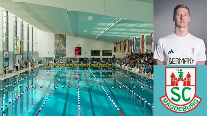 Man sieht eine Schwimmhalle mit Bahnen und Tribüne. Auf der Tribüne sitzen viele Menschen. Rechts davon ist das Bild eines Mannes in Trikot. Darunter ist ein Logo auf dem "SC Magdeburg" steht.