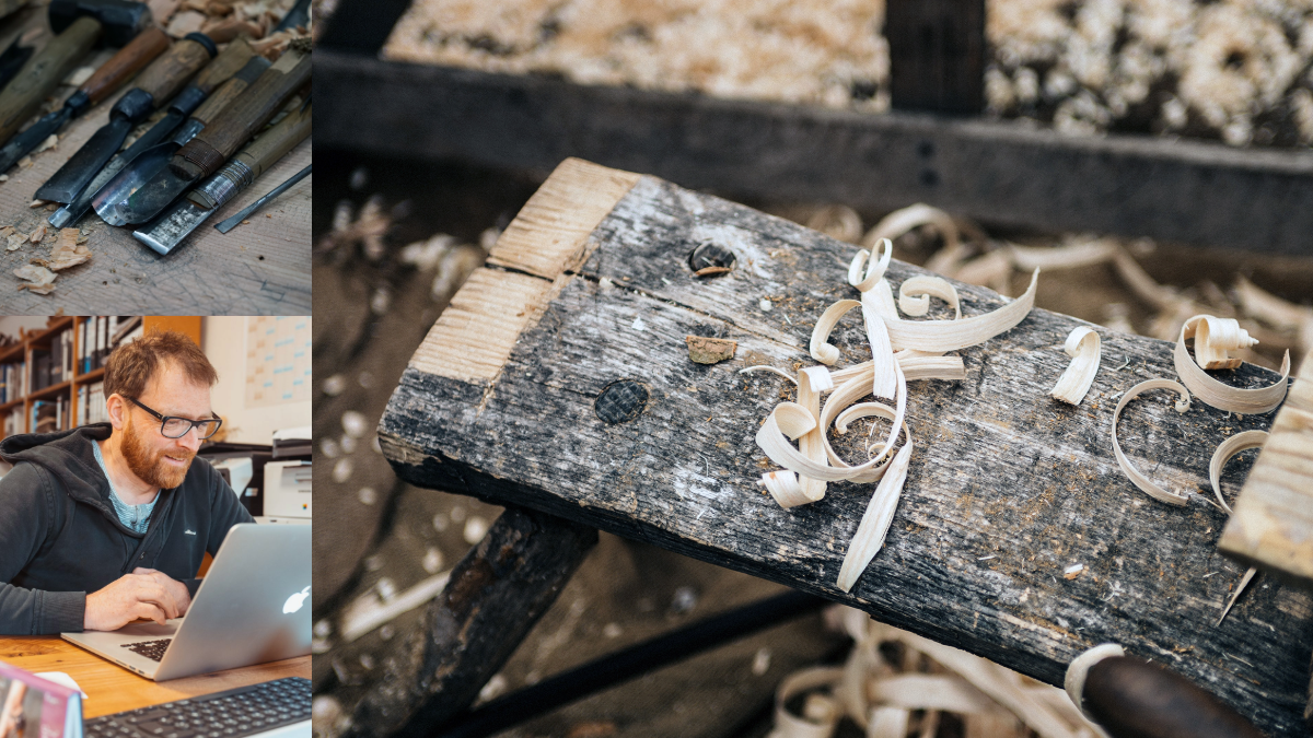 Mehrteiliges Bild mit Holzwerkzeugen und Holzspänen auf einer Werkbank sowie einem Mann, der am Schreibtisch an einem Laptop arbeitet.