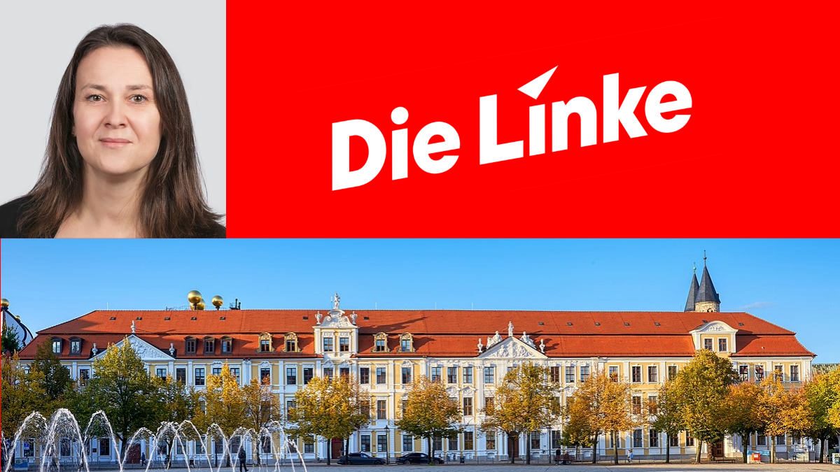 Porträt einer Frau neben dem Die Linke-Logo. Darunter ein barockes Gebäude mit rotem Dach und Springbrunnen im Vordergrund.