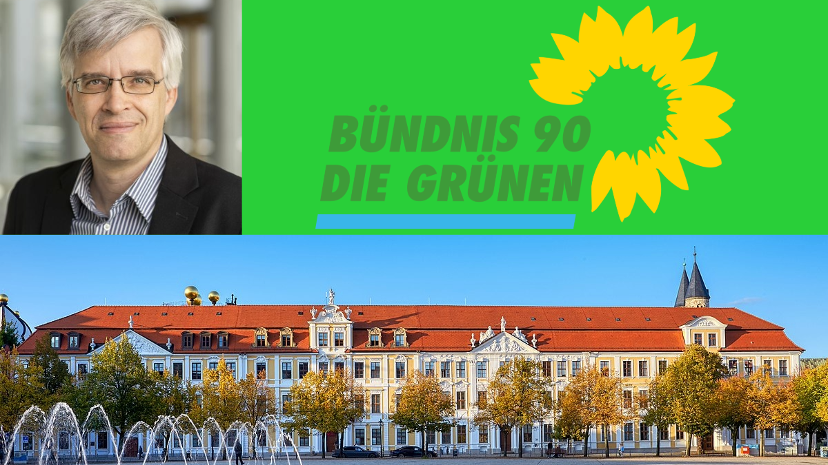Porträt eines Mannes neben dem Bündnis 90 die Grünen-Logo. Darunter ein barockes Gebäude mit rotem Dach und Springbrunnen im Vordergrund.