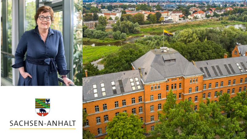 Das presse Bild einer Frau mit Brille. Darunter das Logo des Landes Sachsen-Anhalt. Rechts davon ein orangenes Gebäude mit dunklem Dach. Darauf eine Flagge des Landes Sachsen-Anhalt.