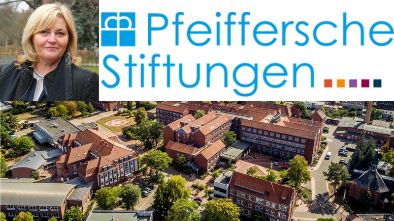 Das Porträt einer Frau. Darunter die Drohnenaufnahme mehrerer Backsteingebäude mit dunklem Dach. Darüber ist das Logo der Pfeifferschen Stiftungen.