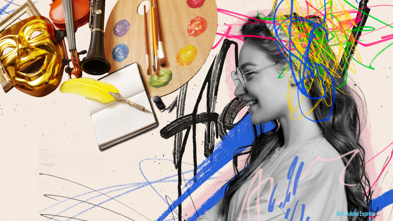 auf einem Kunstwerk ist eine junge Frau, in schwarz weiß zu sehen, die mit Strichen übermalt wurde. Sie lächelt und die Striche sind nur am Kopf. in der linjken Ecke ist eine goldene Maske, eine Farbpalette und ein Heft mit Schreibfeder zu sehen.