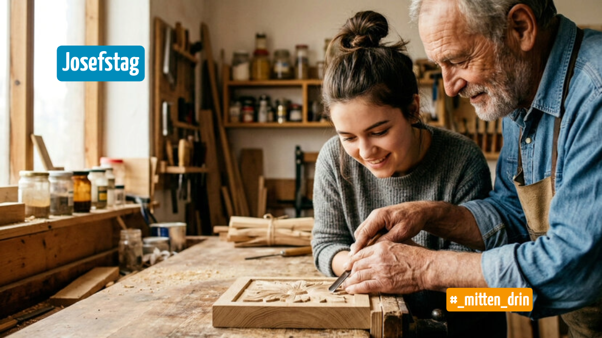 Ein älterer Mann steht mit einer Jugendlichen in einer Holzwerkstatt. An einer Werkbank arbeiten sie mit einem Schnitzmesser an dem Relief einer Blume.