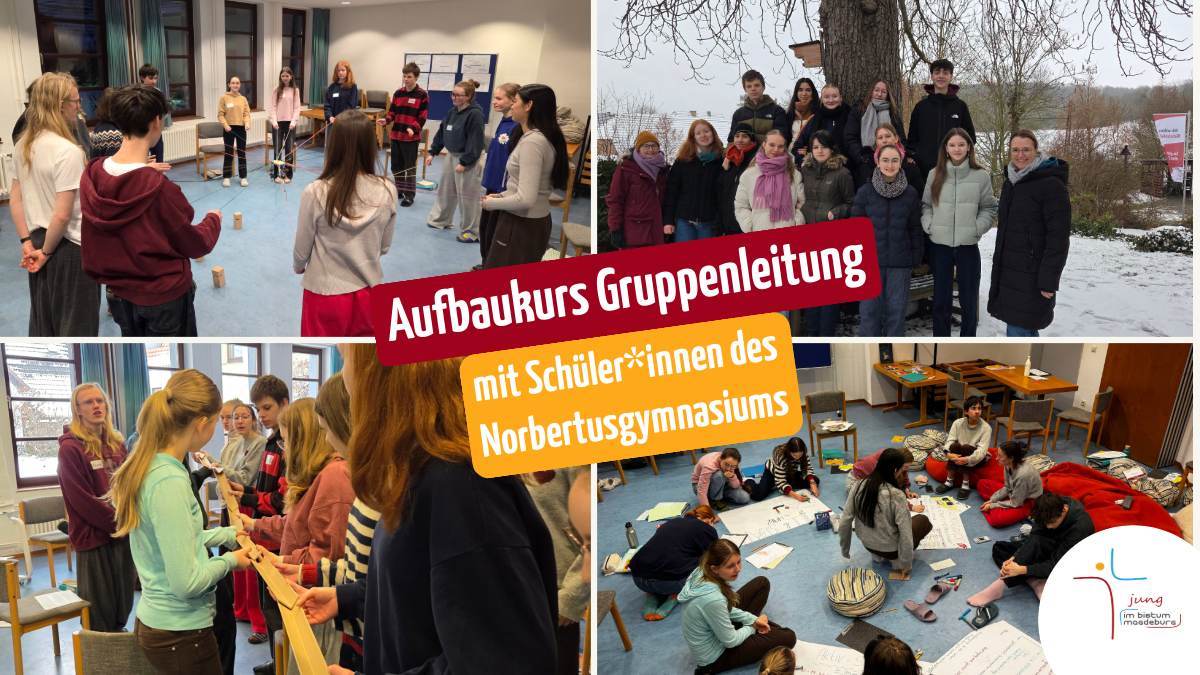 Bildcollage aus vier Bildern. Man sieht die Jugendlichen beim Arbeiten an -auf dem Boden liegenden Flipcharts, beim Bau einer mobilen Murmelbahn, bei einer Gruppenmethode und einem Gruppenbild im Schnee.