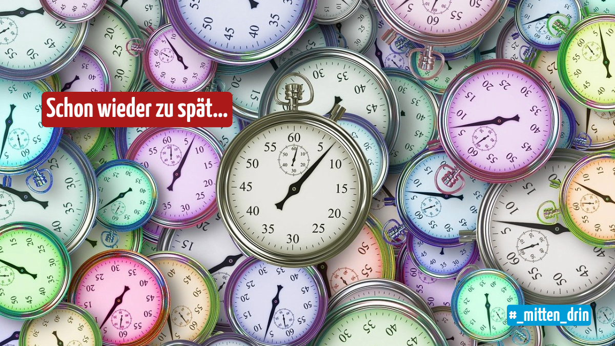 Das Bild zeigt viele bunte Stoppuhren, die dicht nebeneinanderliegen und unterschiedliche Zeiten anzeigen.