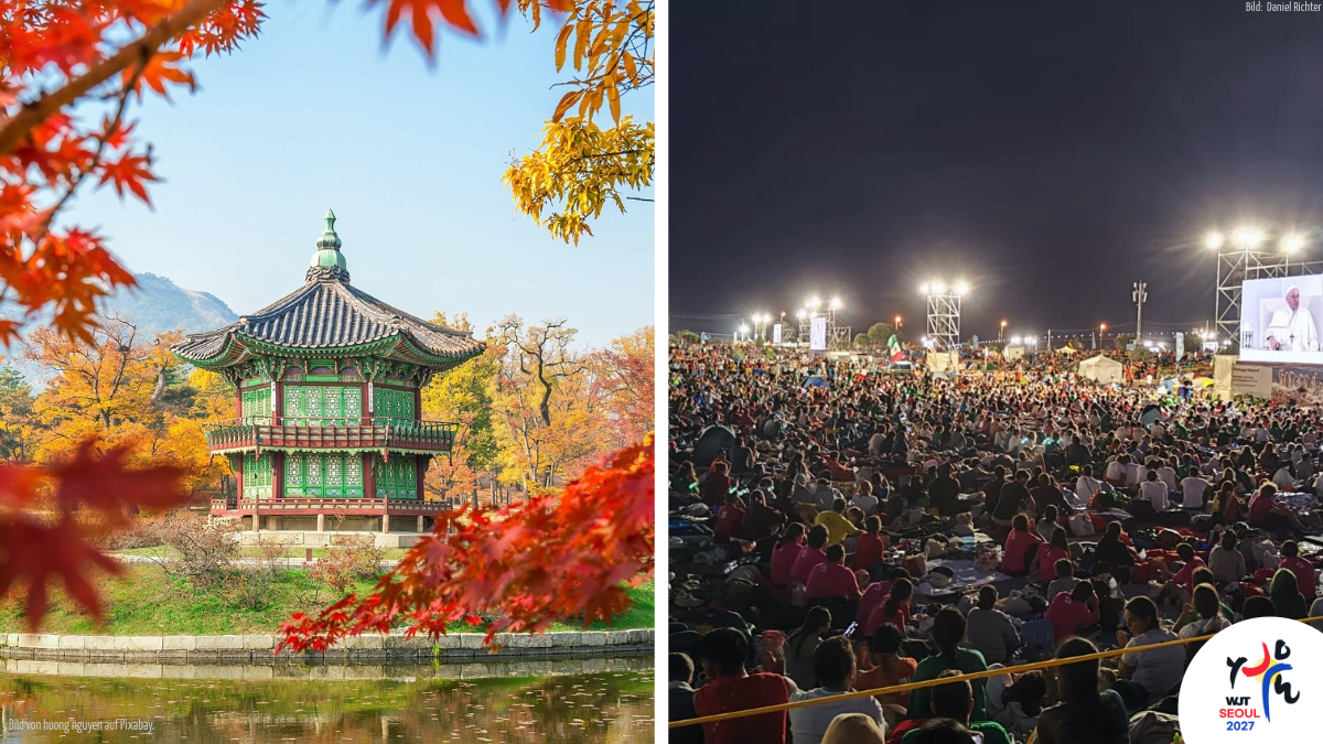 links: Koreanischer Pavillion umgehen von bunten Pflanzen, rechts: Menschenmenge am Abend, die zusammen mit dem Papst beten
