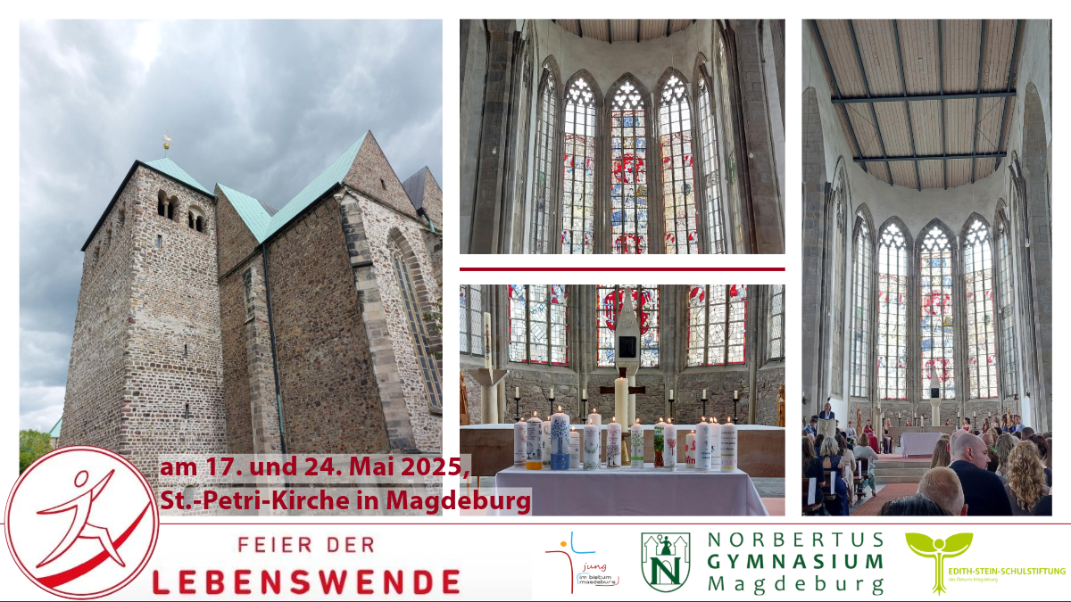 Collage mit Kirche und Innenraum und gestalteten Kerzen, Logos Feier der Lebenswende, Jung im Bistum Magdeburg, Edith-Stein Schulstiftung