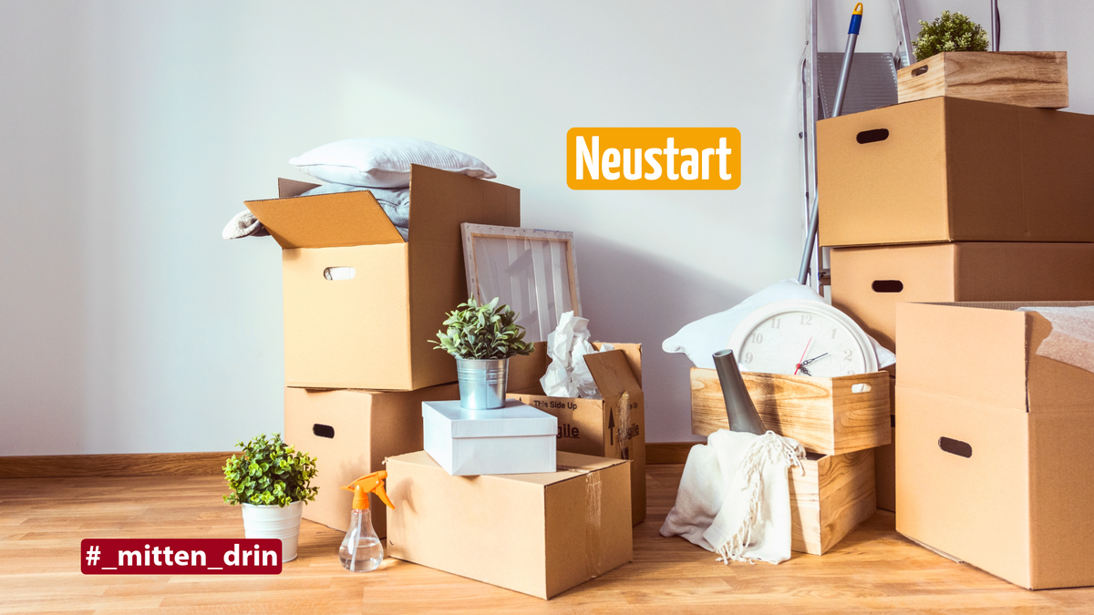 Ein Raum, in dem sich viele unterschiedlich große, gestapelte Kisten befinden. Einige Pflanzen in Töpfen stehen dazwischen. Aus manchen geöffneten Kisten schauen Kissen oder andere Gegenstände heraus.